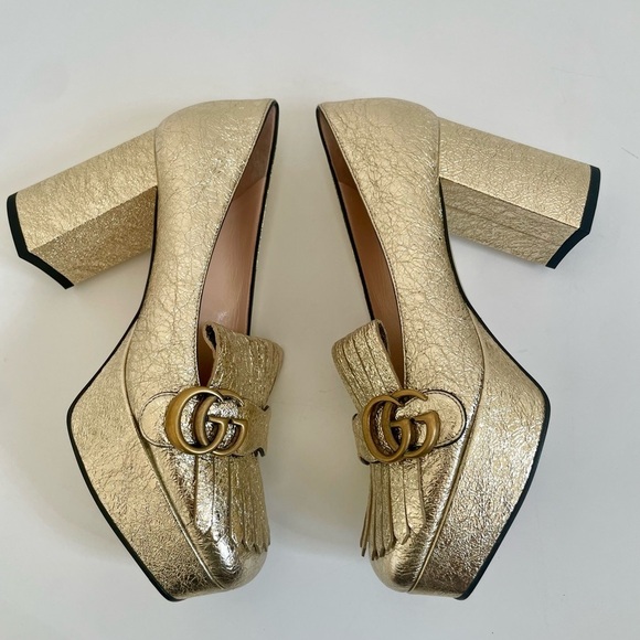 Gucci Metallic Gold Marmont GG Platform Platino Fringe Logo Block Heel pumps 38 - Picture 3 of 13